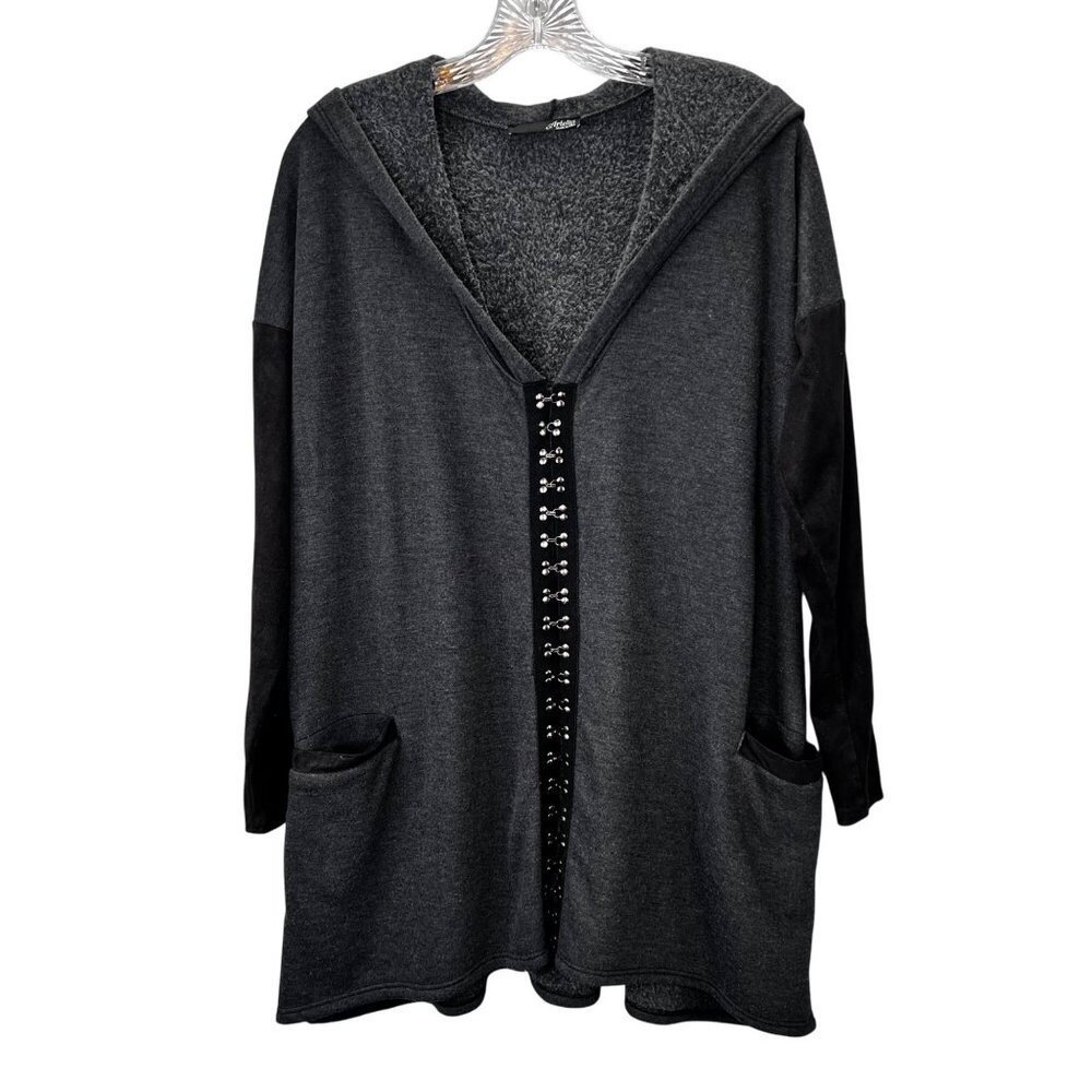 Ariella Hoodie Cardigan Tunic Top M Studded Hook Closure Pockets Gray Black